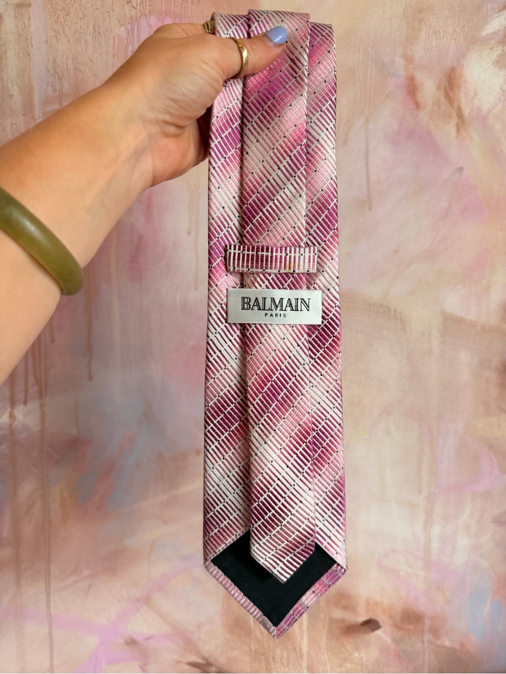 Balmain Pink and White Geometric Silk Tie